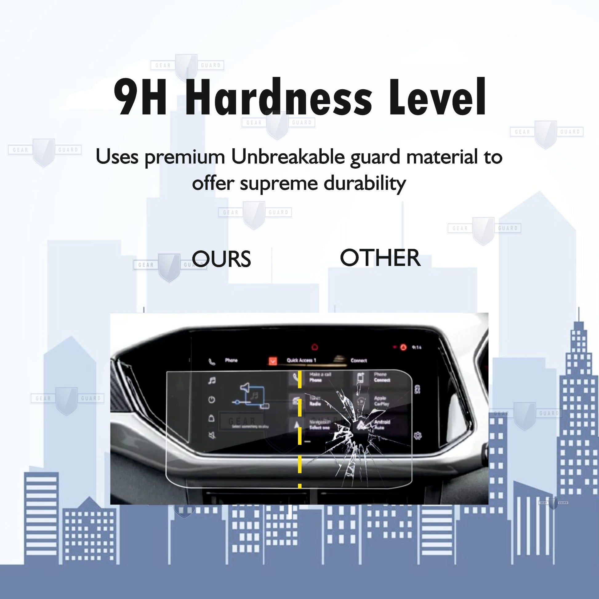 Tempered glass screen protector covering a car's touch screen, providing strong protection against scratches